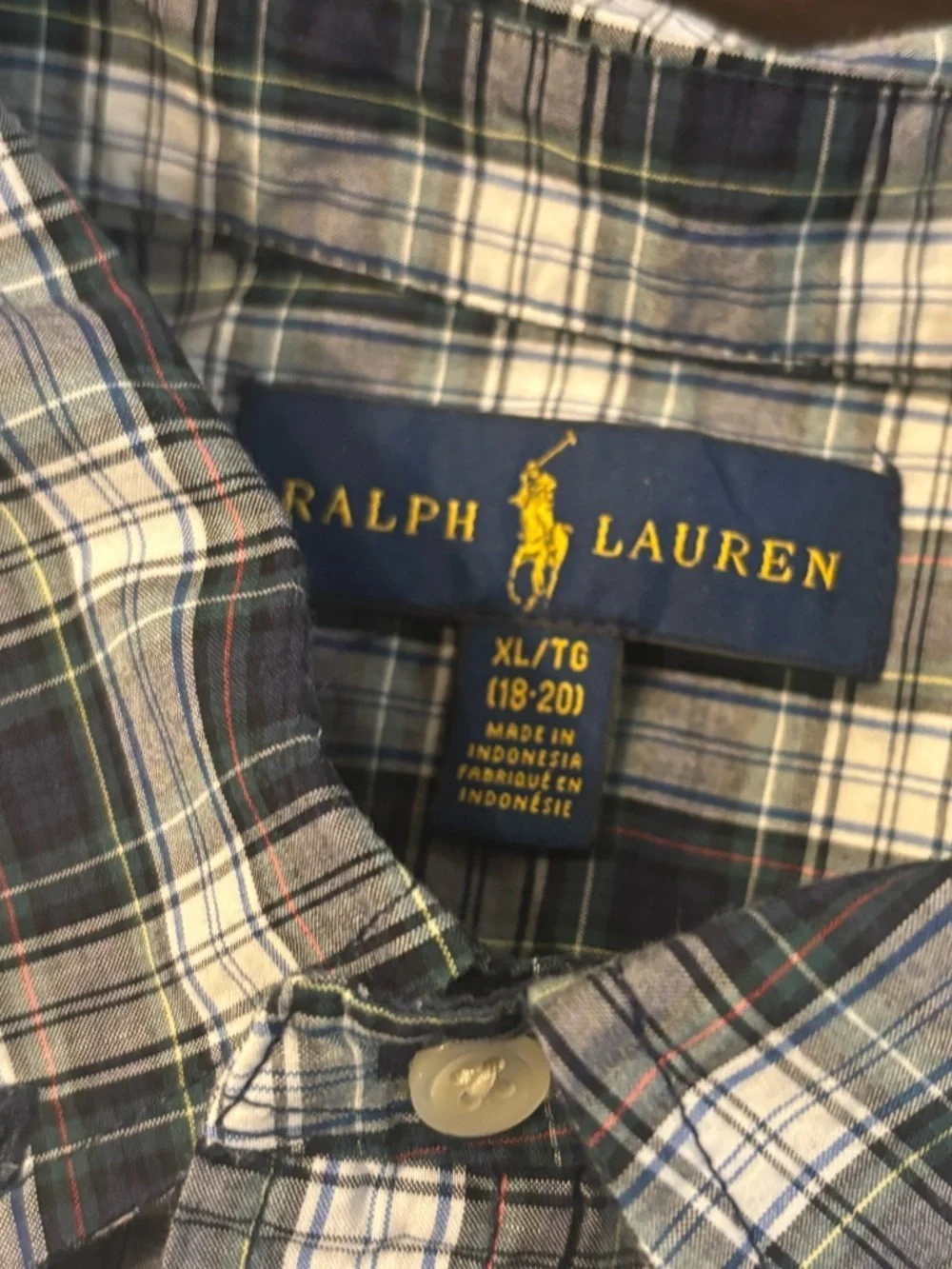 Ralph Lauren Navy and White Plaid Button-Down Shirt boy’s size XL 18/20